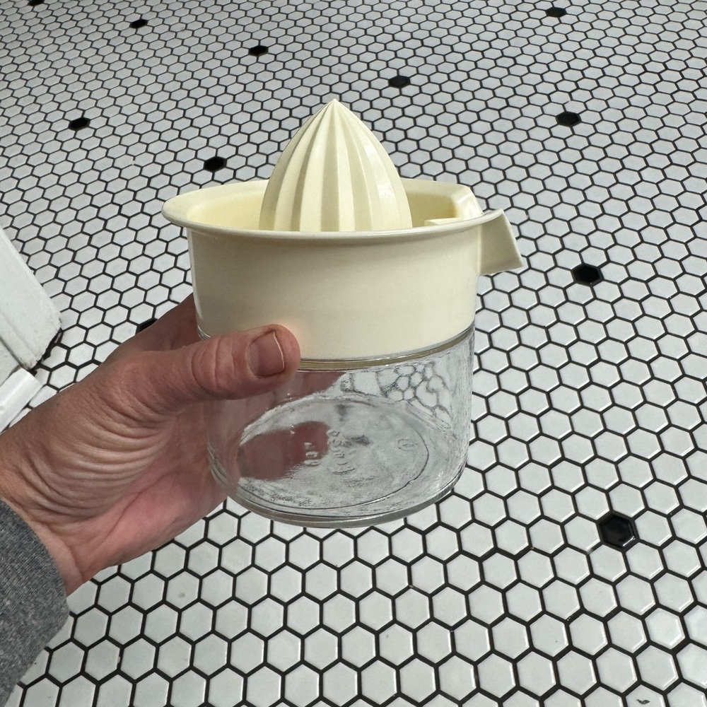 Gemco vintage mcm Cream and Clear Glass Citrus Juicer